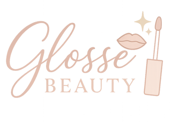 Glosse Beauty logo with a lip gloss applicator and lips on a white background